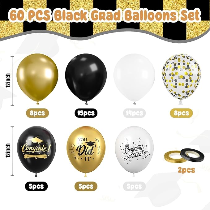 Paready Graduation Balloons Set, 12 Inch Metallic Black Gold White Confetti - Image 2