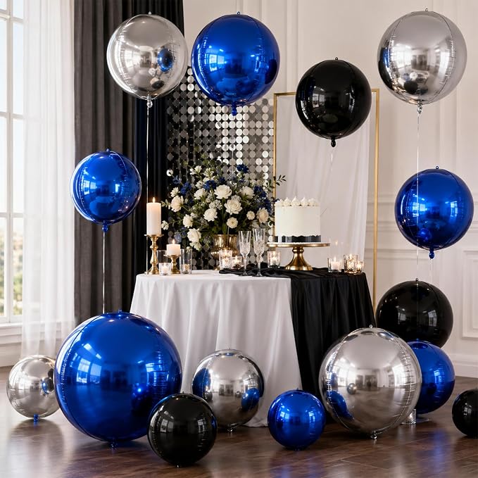 15 Pcs Navy Blue Black Silver Round Foil Balloons, 22/15/10 Inch 4D Ball - Image 5