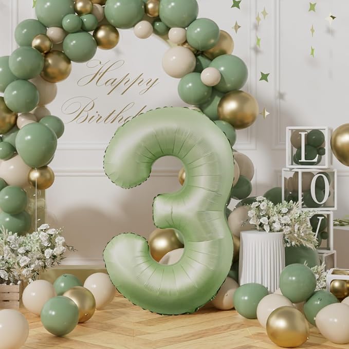 AULE 40 Inch Sage Green 3 Balloon Numbers Foil 0-9 Birthday Big Numbers | - Image 2