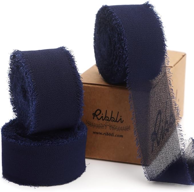 Ribbli Navy Ribbon 1 Inch x 3 Rolls Total 24 Yards Handmade Fringe Chiffon Silk by Ribbli