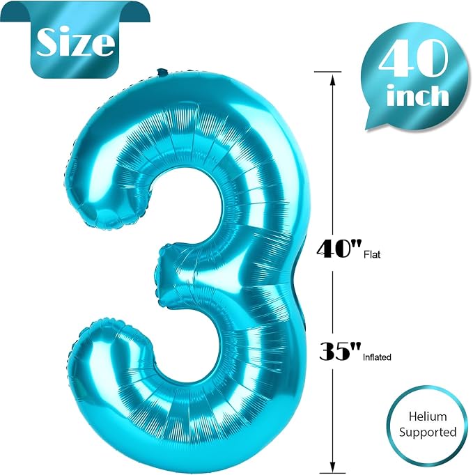Light Blue Number 3 Balloon 40 Inch, 3rd Birthday Decorations Men Women | Foil - Image 5
