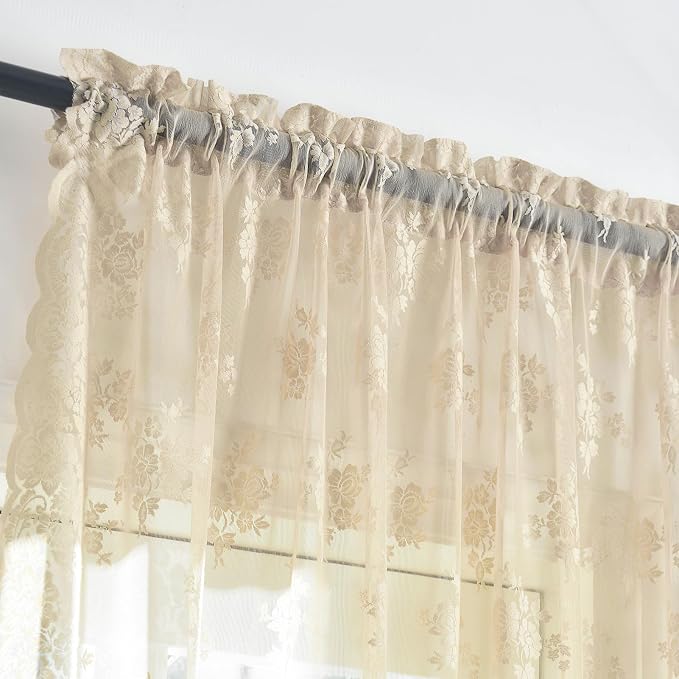 Kotile Beige Lace Curtains for Living Room Rustic Floral 52x92 Inch 2-Panel | - Image 3