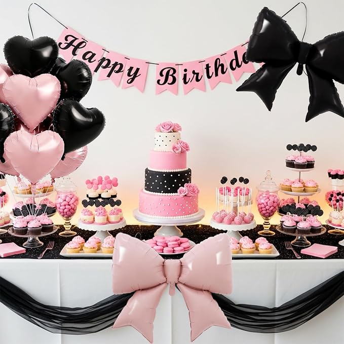 Vuzvuv Pink Black Bow Heart Balloons Set, Anniversary, Bridal Shower, Girls - Image 6