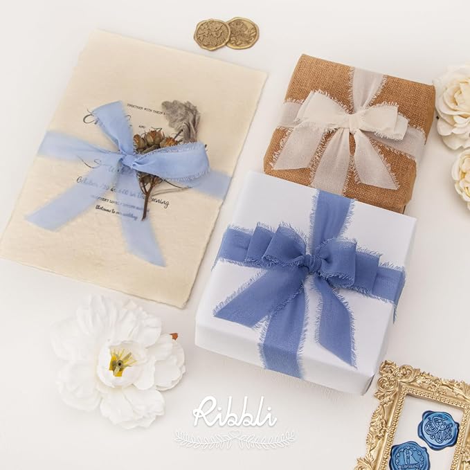 Ribbli Blue Ribbon 1 Inch x 3 Rolls Total 24 Yards Cream/Blue/Dusty Blue - Image 3