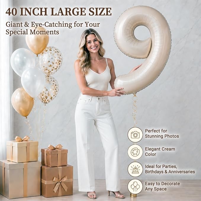 CARGEN 40 Inch Creamy White Number 9 Balloon Boho Neutral Party Decoration | - Image 2