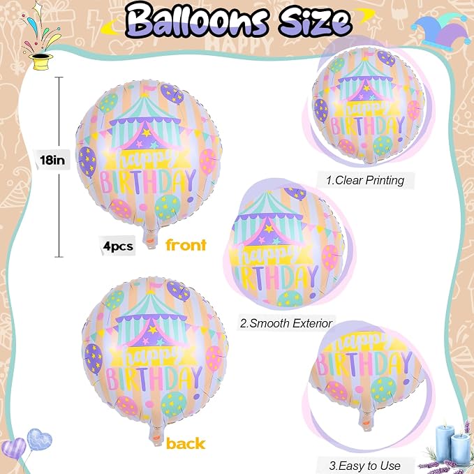 18 Inch Circus Happy Birthday Foil Balloons, Pastel Rainbow Balloon - Image 2