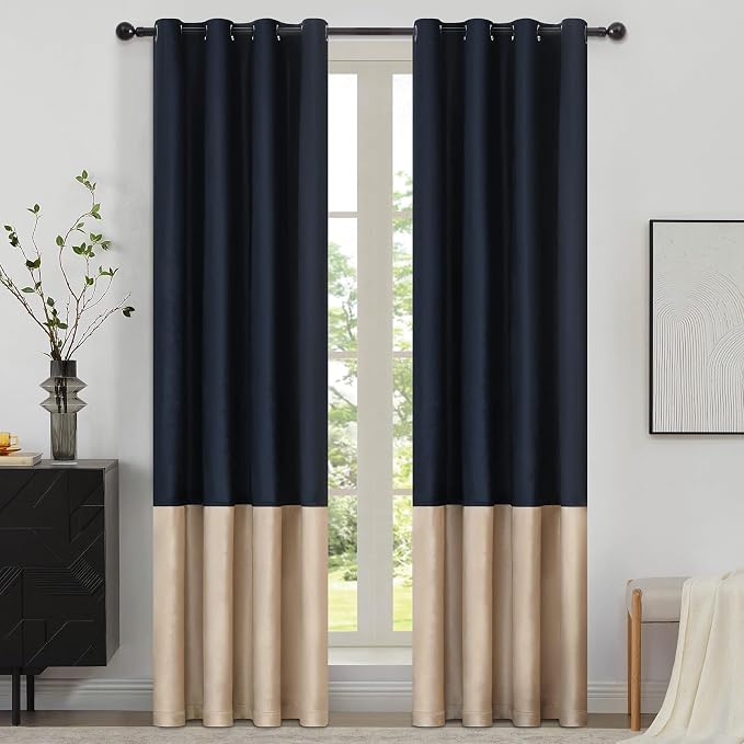 Blue Beige Velvet Blackout Curtains Luxury Decor 120 inches, Color Block | by ModernShinyVelvetCurtains