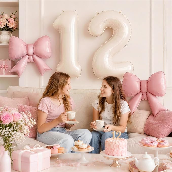 Beige Number 9 Balloons with Pink Bow, 40 Inch Giant Self Inflating Cream Foil - Image 5