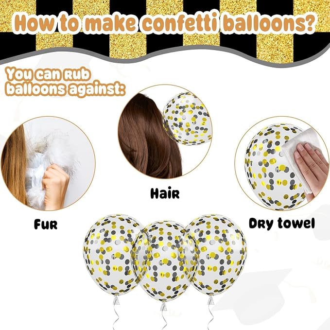 Paready Graduation Balloons Set, 12 Inch Metallic Black Gold White Confetti - Image 6