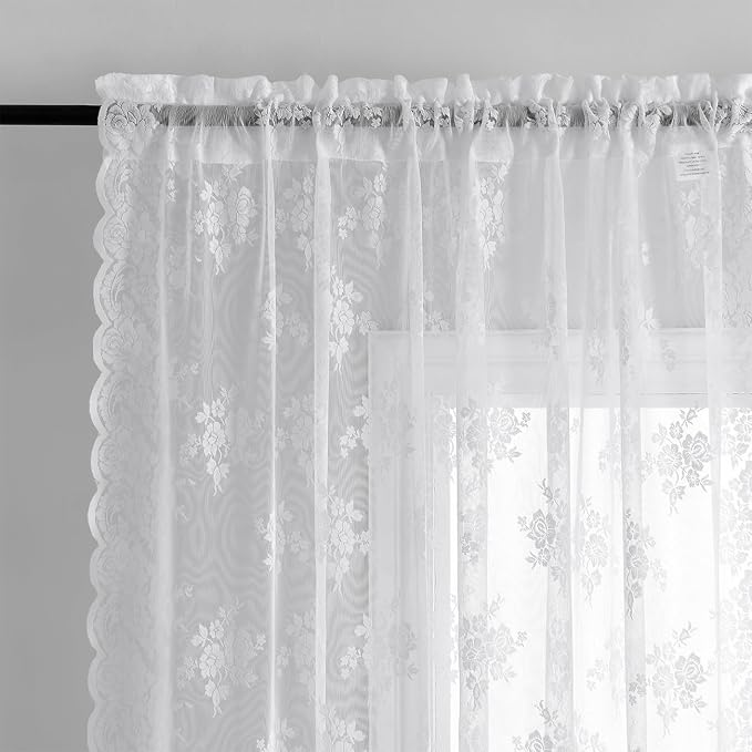 Kotile White Lace Curtains for Kitchen Windows W42 x L36 Inch, 2 Panels | Rod - Image 4