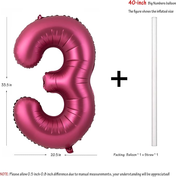 Number 3 Balloons 40 Inch Wine Red Burgundy Foil Number Balloon 3 | Wine Red - Image 2