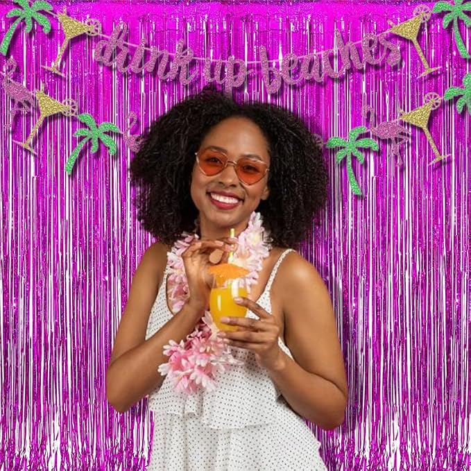 BRAVESHINE Hot Pink Foil Fringe Curtains，Metallic Party Streamers Backdrop | 2 - Image 4