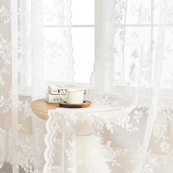 SEEKRIGHT White Lace Curtains 54 Inch Length 2 Panels Set Victorian Floral - Image 4