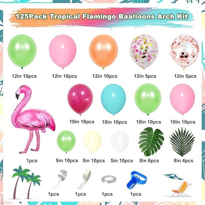 124Pcs Tropical Balloons Arch Garland Kit Flamingo Party Decor | Green Hot Pink - Image 2