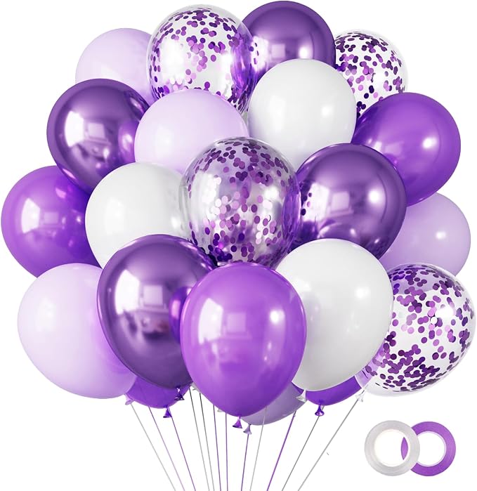 RUBFAC Purple Balloons, Lavender Purple Metallic and Confetti Party Balloons by RUBFAC