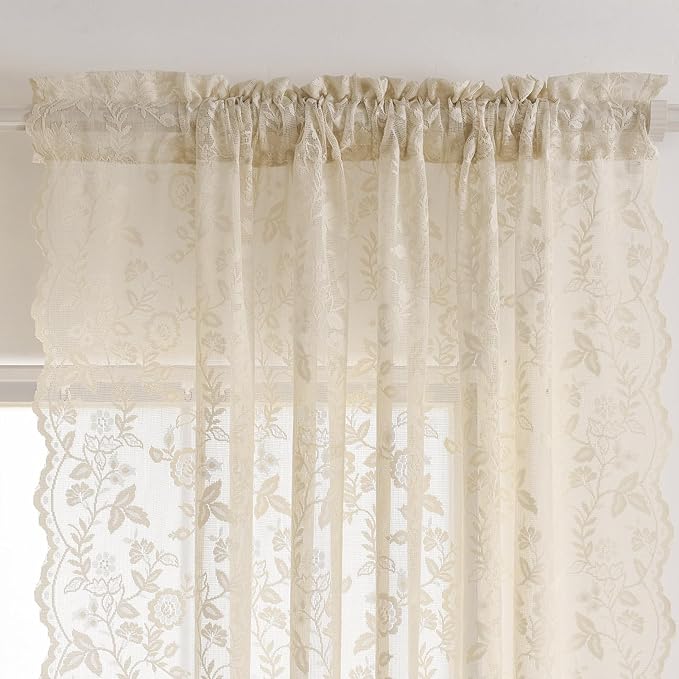 Beige Lace Curtains for Bedroom Rustic Leaf Floral 42 x 96 Inch, 2 Panels | Rod - Image 2