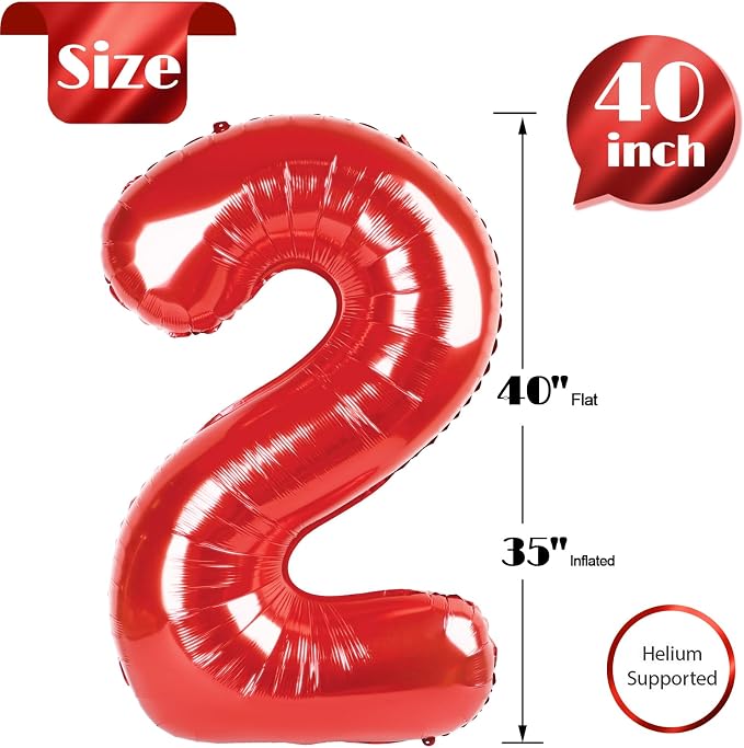 Red 2 Balloon - Number Balloon 40 Inch, 2nd Red Birthday Decorations | Large - Image 5