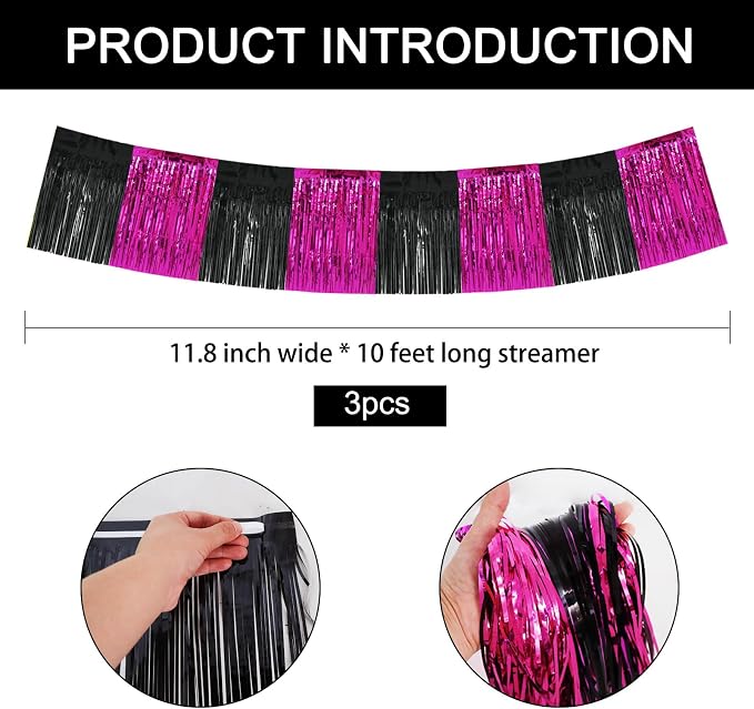 BEISHIDA Hot Pink Fringe Garland Banner 30ft Wall Tinsel Foil Streamers | 3Pack - Image 2