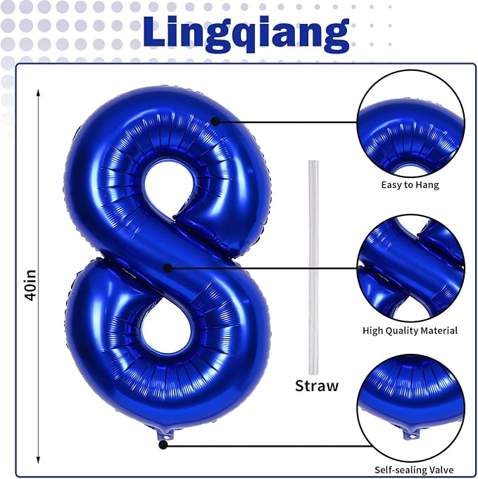 Navy Bluen Balloon Number 8, 40 Inch Large Self Inflating Royal Blue Foil - Image 2