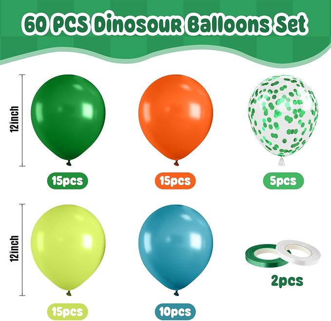 Paready Dinosaur Balloons Set, 12 Inch Helium Fruit Green Orange Blue Confetti - Image 3
