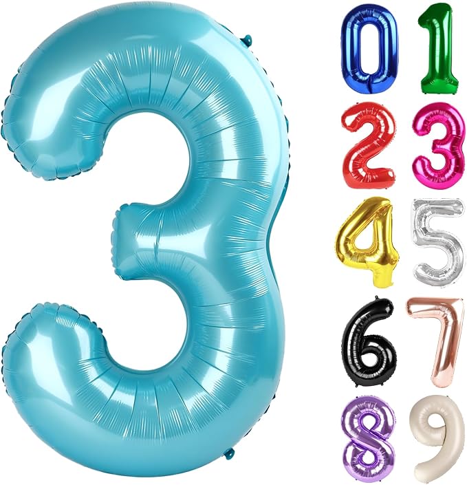 3 Balloon - Pastel Blue Birthday Number Balloons, 40 Inch Decorations | Pastel by ALPHADELTAPI