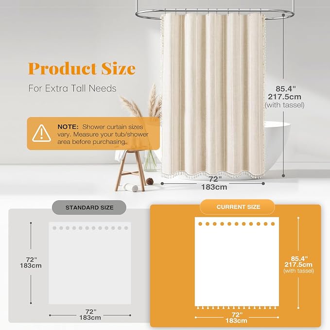 72x84 Long Boho Farmhouse Linen Heavy Duty Shower Curtain, Cream/Beige | Tall - Image 3