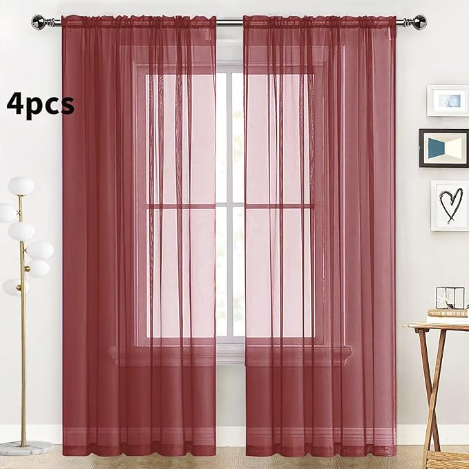 SpaceDresser Burgundy Sheer Curtains 4 Panels Rod Pocket Semi-Sheer Curtain 108 - Image 2