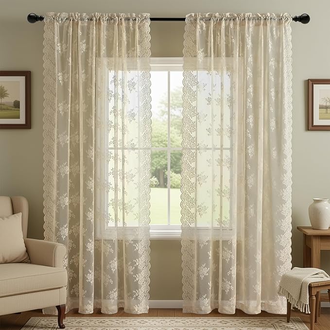 Kotile Beige Lace Sheer Curtains - Image 2