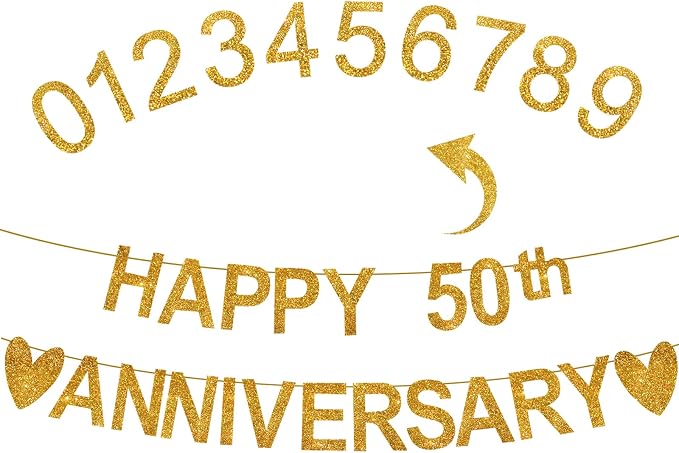 Happy Anniversary Banner, Custom Gold Glitter 10 20 30 40 50 60 70 80 90th Any by Unknown