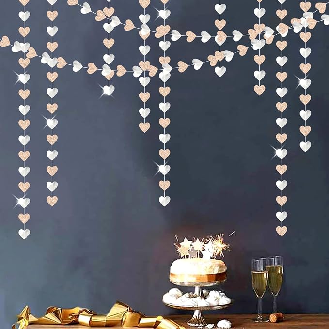 Champagne-Silver Disco Boho Party-Decoration Heart Garland - 52ft Glitter - Image 6