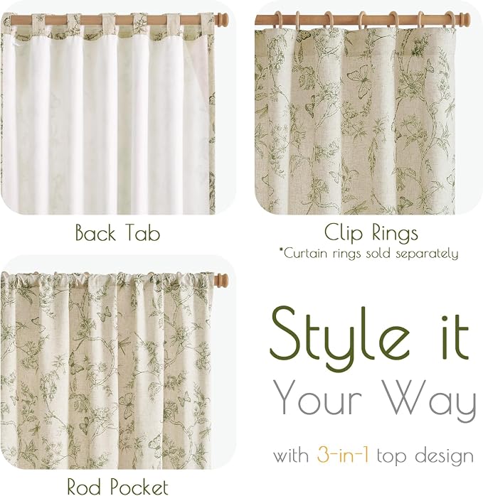 Green Floral Linen Lined Curtains Rod Pocket 50W X 84L 2 Panels | Charlotte - Image 6