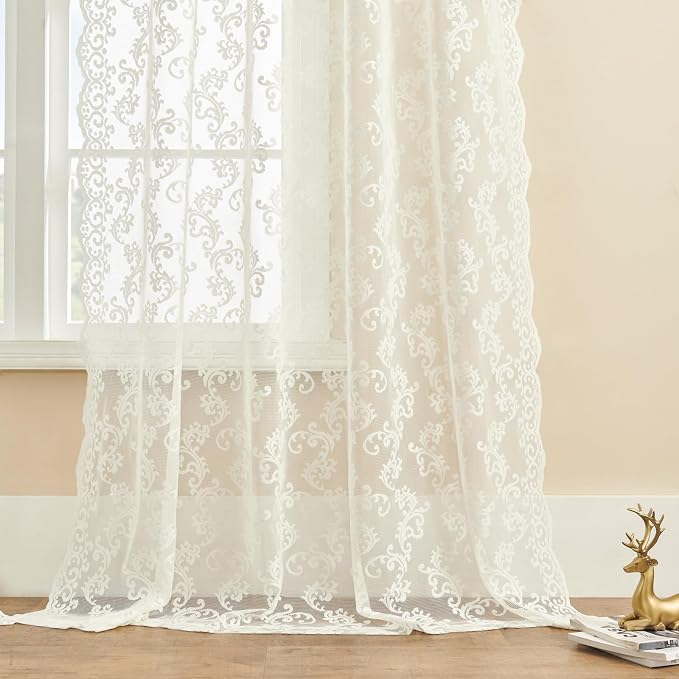FOLKSIDE Ivory Lace Curtains 45 Inch Length 2 Panels set Paisley Floral Sheer - Image 5