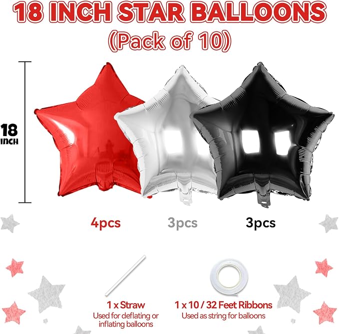 Red Black Silver Star Foil Balloons, 18 Inch Red and Black Stars Balloons - Image 2