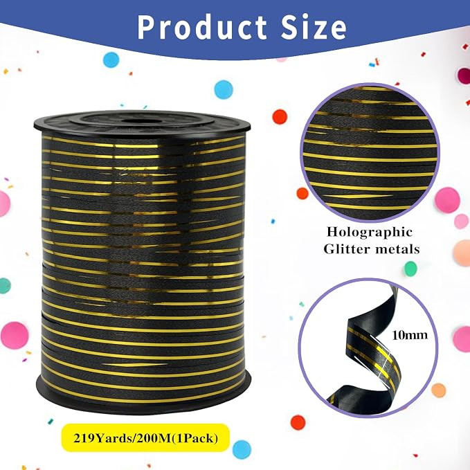 Black Gold Rimmed Balloon Curling Ribbons，219 Yard Ribbon - Image 2
