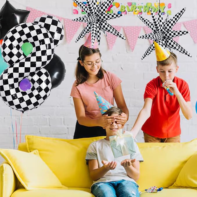 TONIFUL 8th Birthday Balloons Kit 40 Inch Checkered Number 8 Foil Balloon | - Image 4