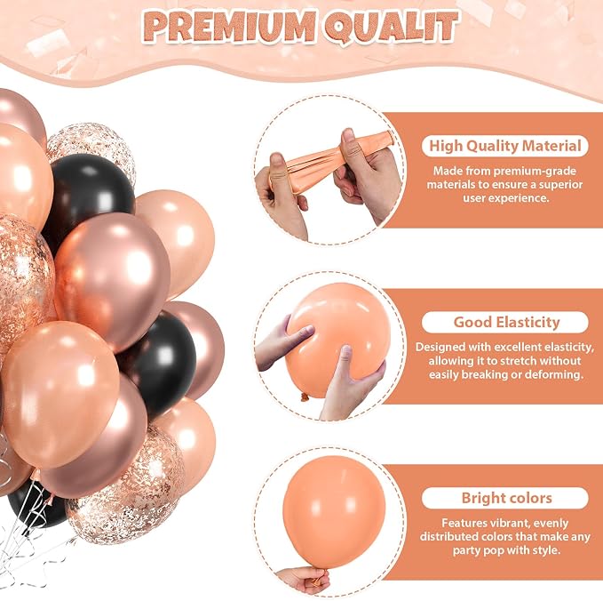 Black Rose Gold Balloons, Metallic Pearl Matte Confetti Balloon - Image 3