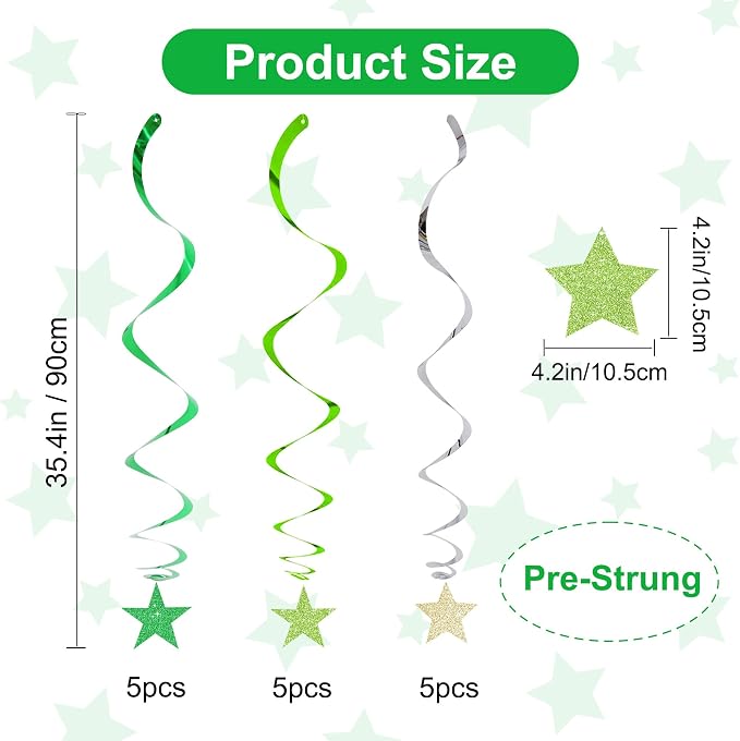 BEISHIDA Green Gold Glitter Stars Hanging Swirls Pre-Strung Hanging Ornament - Image 2