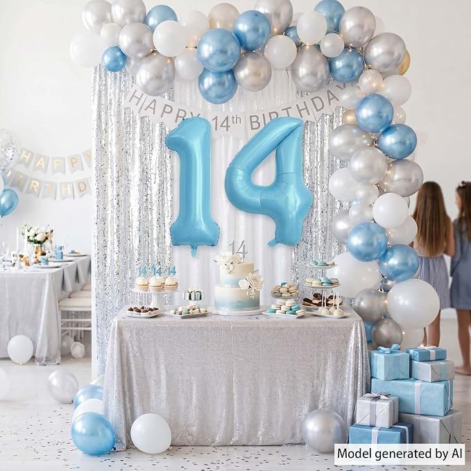 Pearlescent Blue Number 14 Balloon 40 Inch, Large Light Blue Foil 14th Birthday - Image 2