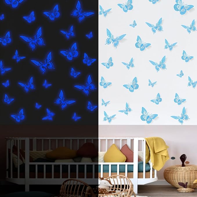 SAOROPEB Glow in The Dark 3D Butterfly 24 Pcs Blue Butterfly Stickers | 3 Sizes by SAOROPEB