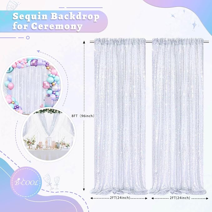 Laser Silver Sequin Backdrop Curtains Party Glitter Drapes 2 Pcs 2FTx8FT | - Image 3