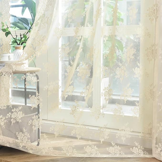 Kotile Beige Lace Curtains for Living Room Rustic Floral 52x92 Inch 2-Panel | - Image 4