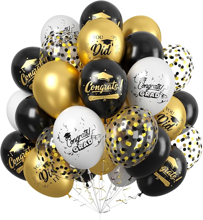 Paready Graduation Balloons Set, 12 Inch Metallic Black Gold White Confetti by Paready