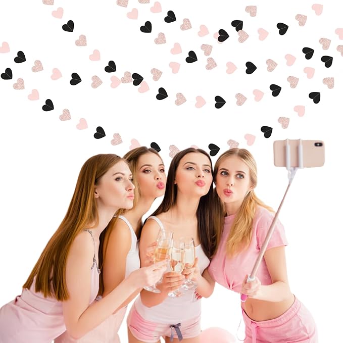 Rose-Gold Black-Pink Valentines Party-Decorations Heart-Garland - 52ft Glitter - Image 6