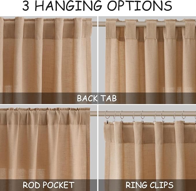 Camel Linen Curtains for Living Room 95 Inches Long Back Tab and Rod Pocket - Image 2