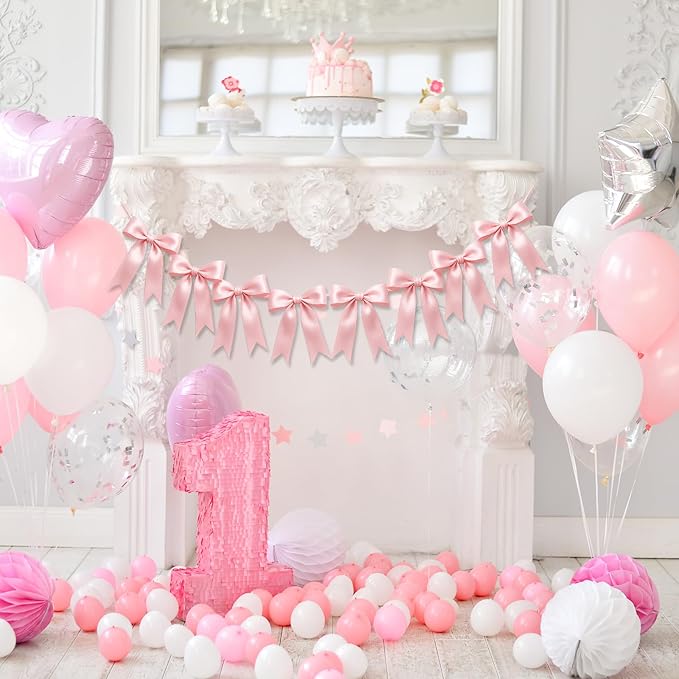 2 Strings of 16PCS Pink Bow Garland Banner Decoration, Pre-Strung Satin Ribbon - Image 6