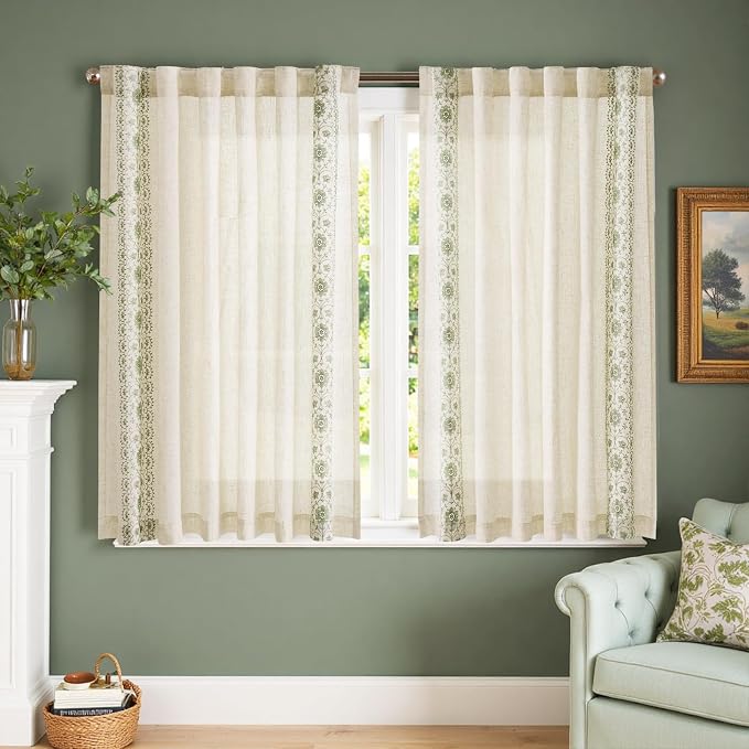 jinchan Green Floral Embroidered Linen Kitchen Curtains 54×45 Inch 2 Panels | - Image 3