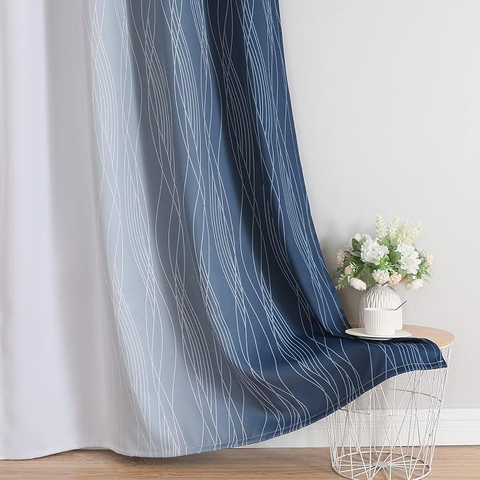 Navy Blue and Greyish White Ombre Short Blackout Cafe Curtains 36 Inch Length - Image 6