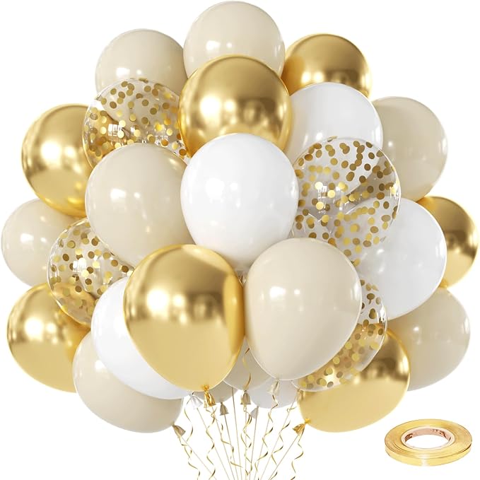 Sand White and Gold Confetti Balloons 50 Pcs 12 Inch | Birthday Wedding by Vanjehou