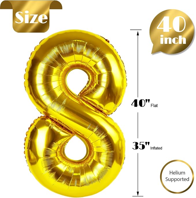 Gold Number 8 Balloon 40 Inch, 8th Birthday Party Decorations Men Women | Foil - Image 5