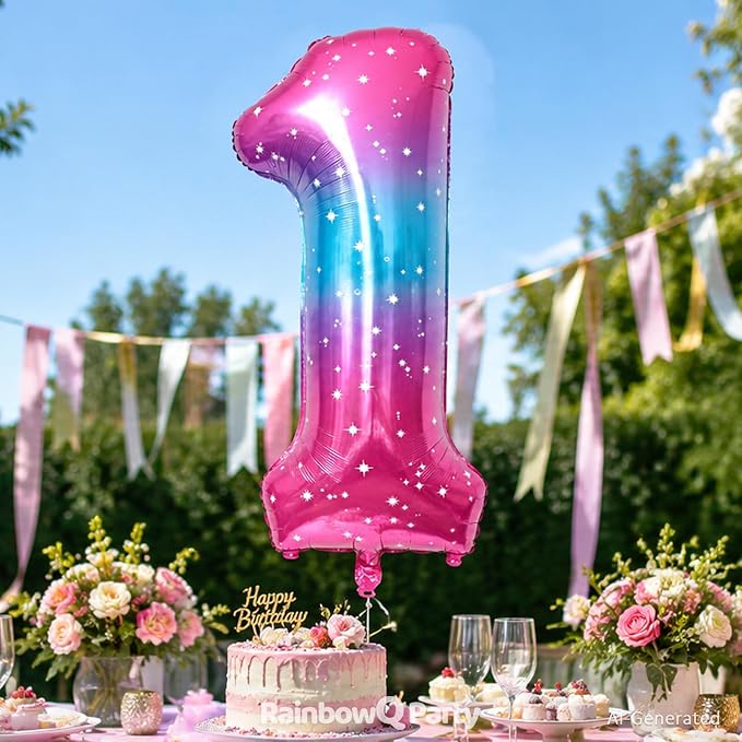 RainbowQ Blue Pink 1 Balloon Number 40 Inch Big 0-10 Foil Large Balloon | - Image 2